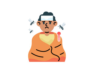 Illustration of a man who has a fever due to mosquito bites. swarmed by annoying mosquitoes. wearing a blanket because of fever. dengue fever. humans and insects. Flat and cartoon illustration design