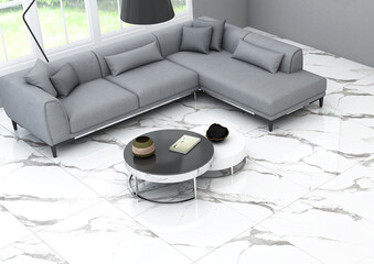 Modern bright living room, empty photo frame, beautiful sofa on grey wall, white marble with silver veins floor, double coffee table. 3D Rendering