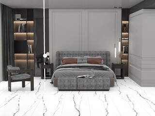 Luxury comfy bedroom interior design with comfy bed and grey wall besides wall of window to back yard and white marble on floor and on wall and essential decor item. 3D Rendering