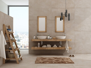Interior of a bathroom with beige tiles, white bathtub next to a window, double sinks, and rectangle mirror with a wooden furniture stand holding books, an artificial plant, other accessory. 3D Render