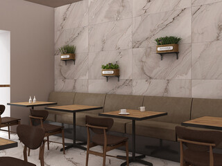 Cafe shop interior design Minimalist Loft, Counter concrete, Shelf on wall, and brown magazine table, Frame mockup on brick wall, Marble floor and walls. 3D Rendering