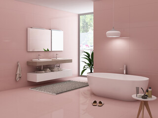 Fototapeta na wymiar A Pink marble floor and wall, a white bathtub, tiny table next to it for toiletries, a hanging bathrobe, a plant for fresh air, and other items can be found within a magnificent bathroom. 3D Rendering
