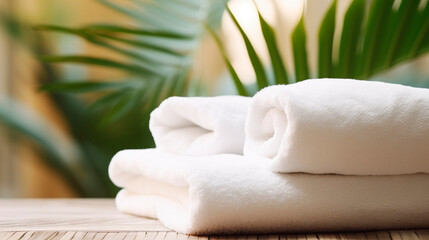 Fototapeta na wymiar White towels and tropical spa leaves. Selective focus.