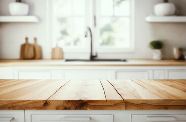 Selective focus on wooden kitchen island. Empty wooden table with copy space for display products. Clean countertop for cooking.
