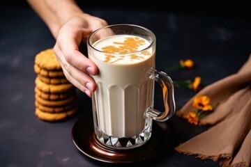 iced chai latte served with biscuits in human hands - obrazy, fototapety, plakaty