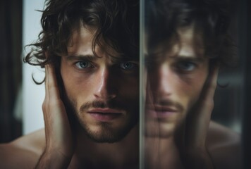 A contemplative man with curly hair and intense eyes looks into a mirror. The reflection adds depth, symbolizing introspection and self-exploration in a visually striking portrait.
