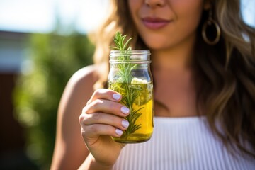 woman sipping iced herb tea from a mason jar