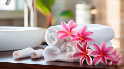 Obraz na płótnie Canvas Towels on a tropical background with plumeria flowers. Selective focus.