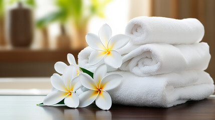 Fototapeta na wymiar Towels on a tropical background with plumeria flowers. Selective focus.