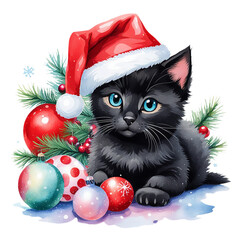 Watercolor Christmas  kitten. A cat in a red riding hood with Christmas toys and gifts. Sticker.