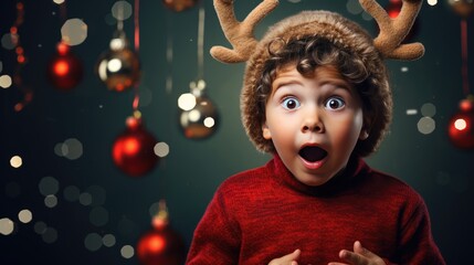 Surprised little boy wearing reindeer antlers holding gift box. Christmas holidays. Boxing Day shopping. Holiday shopping - obrazy, fototapety, plakaty