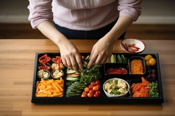 woman arranging food in a korean bento box