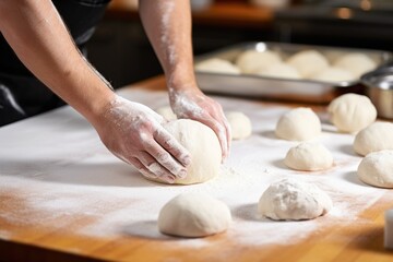 Fototapeta premium baker kneading dough for american hamburger buns