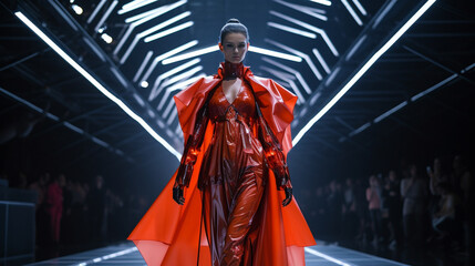 High fashion model in futuristic outfit on dynamic runway, AI Generated