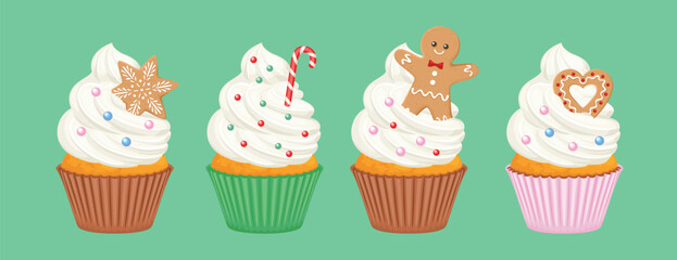 Christmas  cupcake set isolated on green background. Holiday baking with winter decor. Vector cartoon illustration of festive sweet maffins.