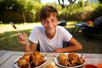 teenager enjoying jerk-marinated drumsticks at outdoor picnic