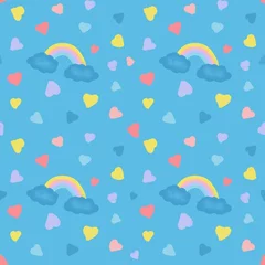 Outdoor kussens Digital seamless pattern cute rainbow and hearts clipart,cartoon repeating pattern, fabric textile gift wrapping paper, wallpaper for children's room. Hand drawn illustration on blue background. © Valeriya