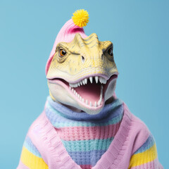 Portrait of Anthropomorphic cute dinosaur wearing winter clothes.