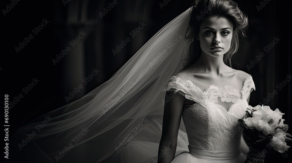 Wall mural Elegant bride in a white dress with a bouquet, dramatic lighting, and flowing veil, monochrome for a timeless feel. - Wall murals