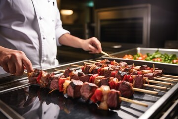 chef inspecting lamb skewers before grilling - obrazy, fototapety, plakaty
