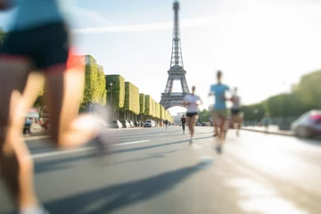 Foto op Canvas Motion blur of athletes as they run past the Eiffel Tower in Paris, France during a sports race © ink drop