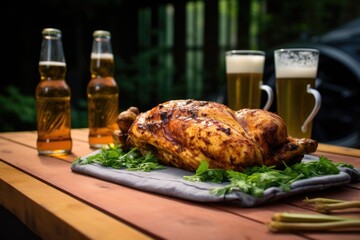 bottle of light beer with grilled chicken on the bbq