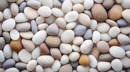 Fototapeta na wymiar A highresolution image showcasing a serene background of smooth, rounded pebbles in soft, beige hues, embodying a minimalist and aesthetic concept perfect for calm and soothing designs.