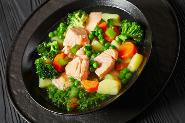salmon, veggies and green herbs soup in bowl
