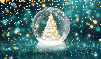 Fototapeta na wymiar Snow globe with Christmas tree on turquoise and gold bokeh background.