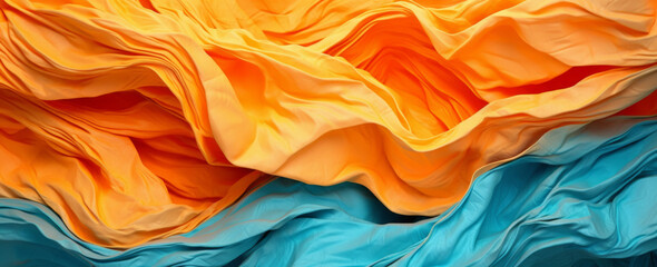 Texture, background, pattern. Silk fabric is transparent, multi-colored, yellow, blue, red, orange.