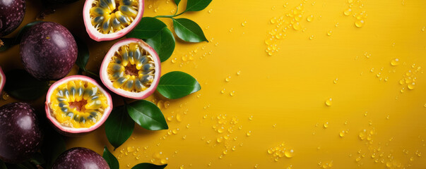 Beautiful purple passion fruits on a yellow background with copy space for text.