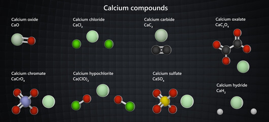 Various Calcium (Ca) compounds: oxide, chloride, carbide, oxalate, chromate, hypochlorite, sulfate, hydride. 3d illustration.