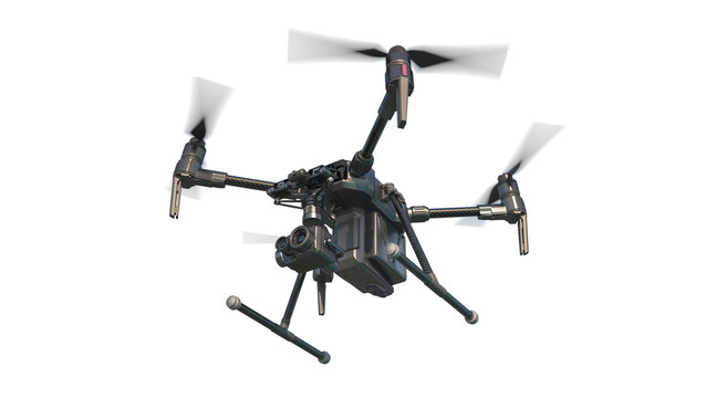 A modern aerial drone (quadcopter) with remote control, flying with an action camera. 3d illustration. Isolated on white background