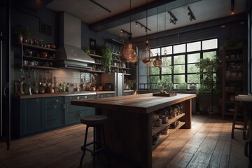 Kitchen interior in dark colors  in modern house.