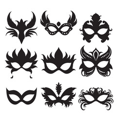 Set of carnival masks silhouettes. Simple black icons of masquerade masks. Carnival mask silhouettes - obrazy, fototapety, plakaty