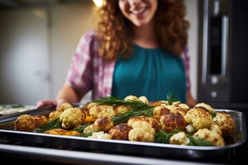woman with satisfied expression gazing at a baking tray of roasted cauliflower