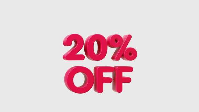 Animated 20% Off percent. isolated. Transparent backgound. 3d rendered movie with alpha channel. 