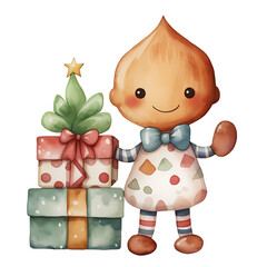 Cute Gingerbread Gift Boxes Christmas Tree Watercolor Clipart Illustration