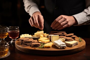 a man serving a platter of rye crackers with cheese