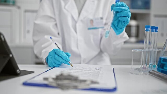 Dedicated woman scientist, hands busily taking notes on a clipboard, holding a test tube at an innovation-filled lab