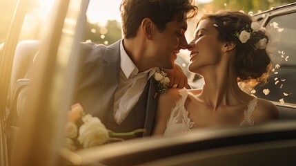 Romantic wedding couple kissing in a vintage car at sunset, with warm backlighting and soft focus.