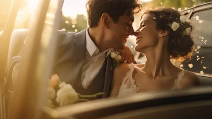 Fotobehang Romantic wedding couple kissing in a vintage car at sunset, with warm backlighting and soft focus. © Rene Grycner