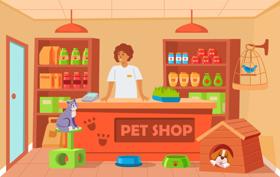 Pet shop seller woman selling wet goods for animals.Store accessories and toys for animals.Pet shop interior.Cat and dog houses.Animal feed.Tin cans on shelves.Cartoon style vector.Petshop supermarket