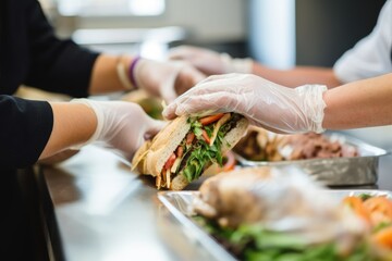 workers hand reaching for a foil-wrapped sandwich in lunch bag