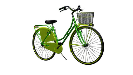 Green bicycle with basket on isolated background, alpha channel, png