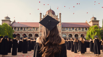 Rear view of students celebrating receiving their diplomas at a college or university graduation ceremony.