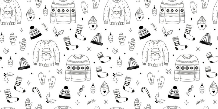 Autumn and winter clothing seamless pattern. Sweater, hat, mittens, socks. Christmas and New Year doodles. Hand-drawn line art. Outline winter apparel. Background, banner, digital paper. Coloring book