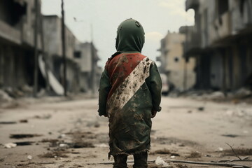 child covered with palestine flag - obrazy, fototapety, plakaty