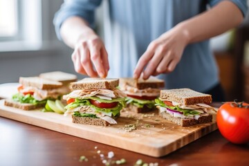 Obraz na płótnie Canvas female arranging pieces of sandwich on chopping board