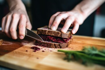 Fototapeta na wymiar person slicing rye bread for sandwich